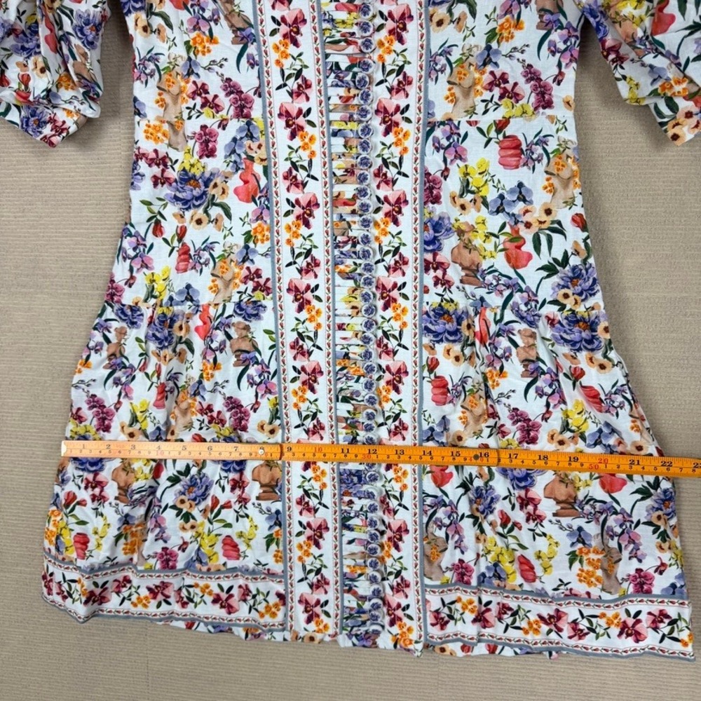 Farm Rio Greek Garden Off-White Topstitched Yoke Mini Dress Floral Womens M - Picture 4 of 13